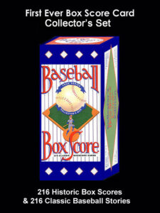 A box of baseball cards with the ball in front.