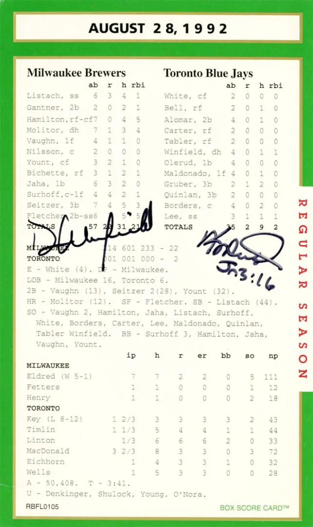 Historic baseball scorecard signed by players from the 1927 season.