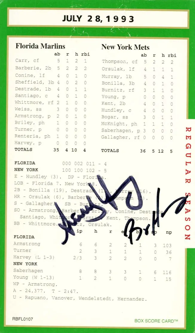 Signed vintage baseball scorecard showing game details and player stats.