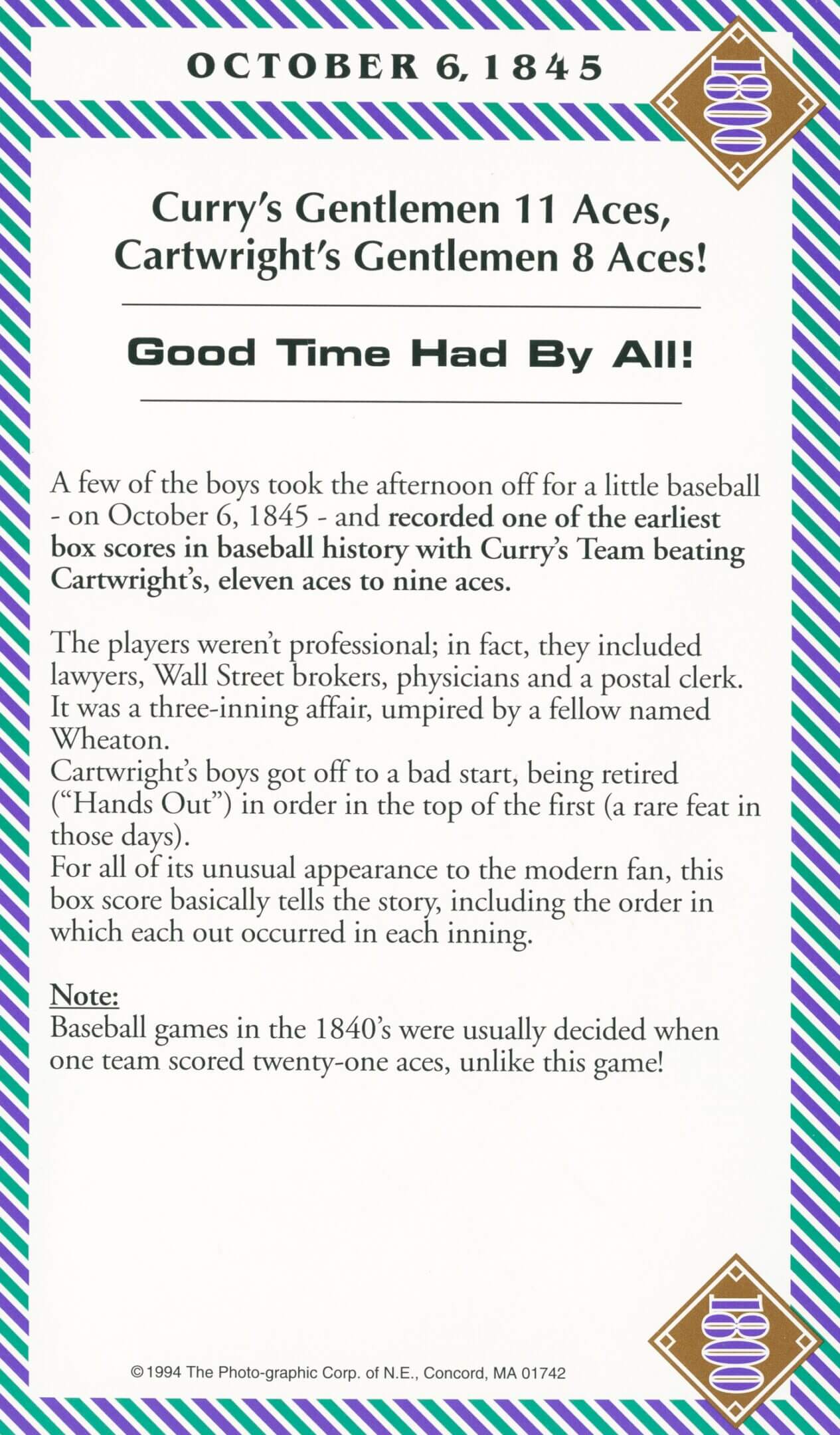 1845 baseball game summary and details.