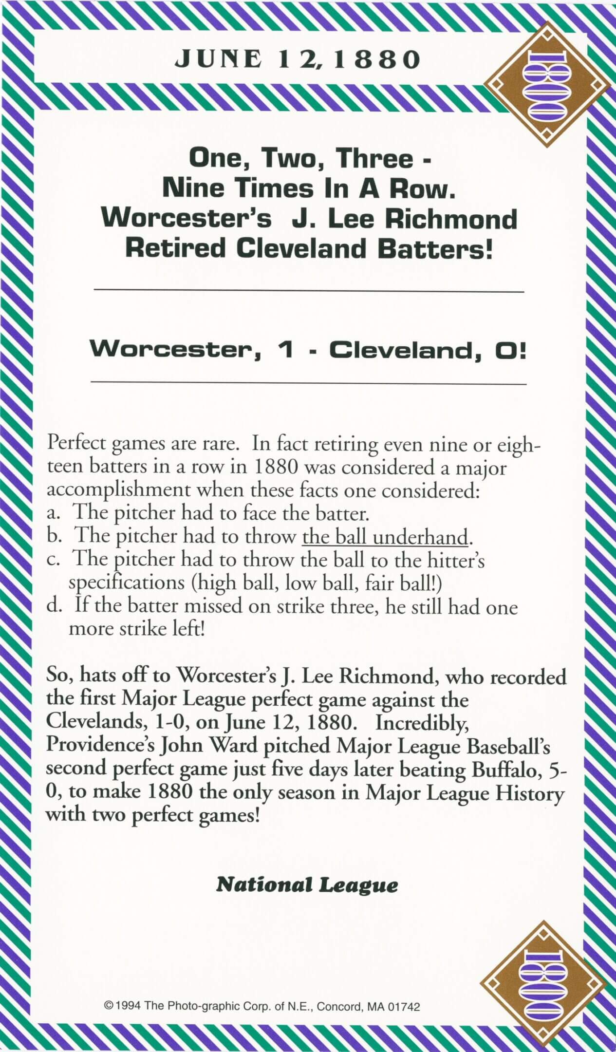 Baseball card commemorating J. Lee Richmond's achievement.