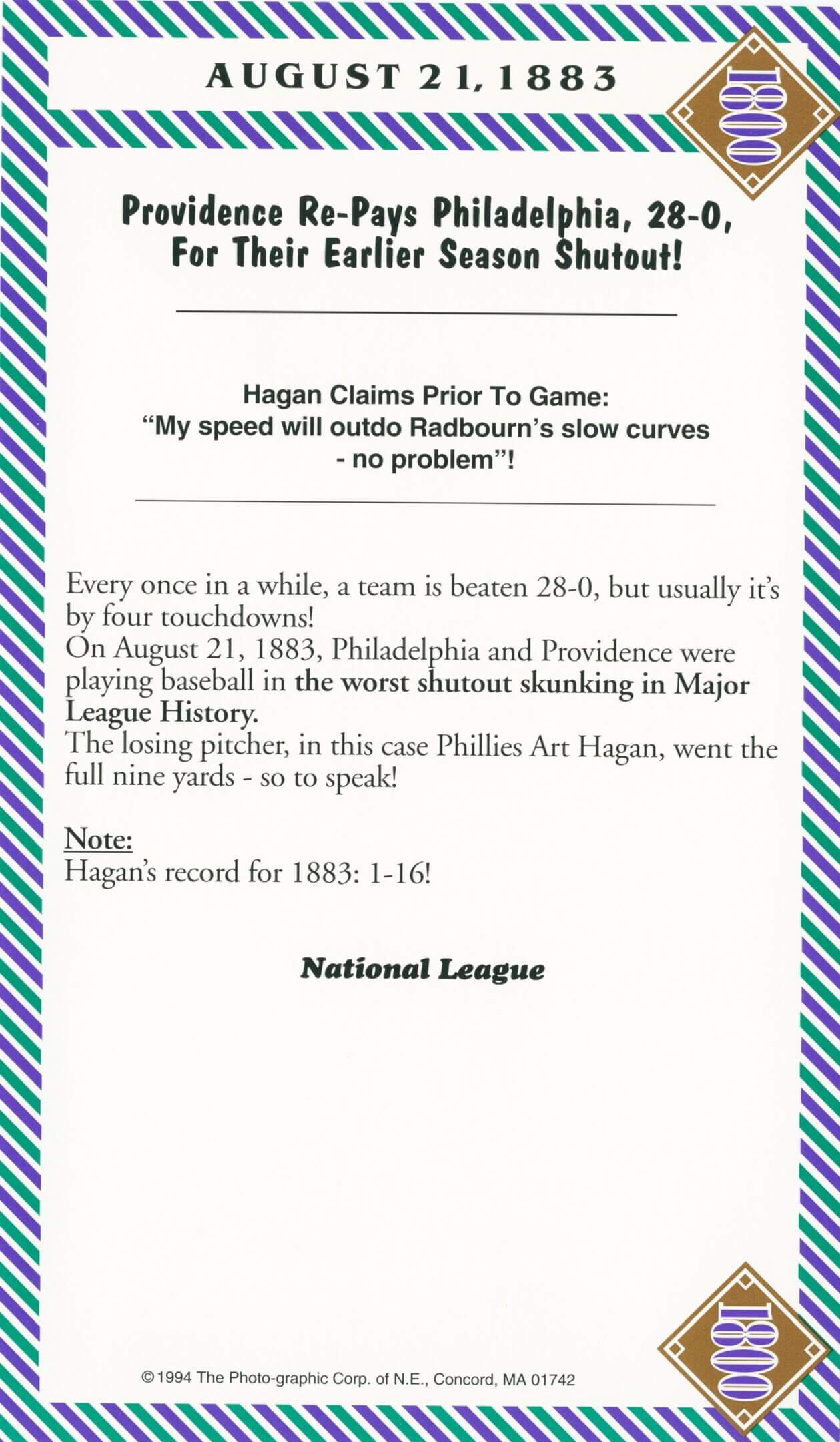 Baseball shutout, Providence vs. Philadelphia, 1883.