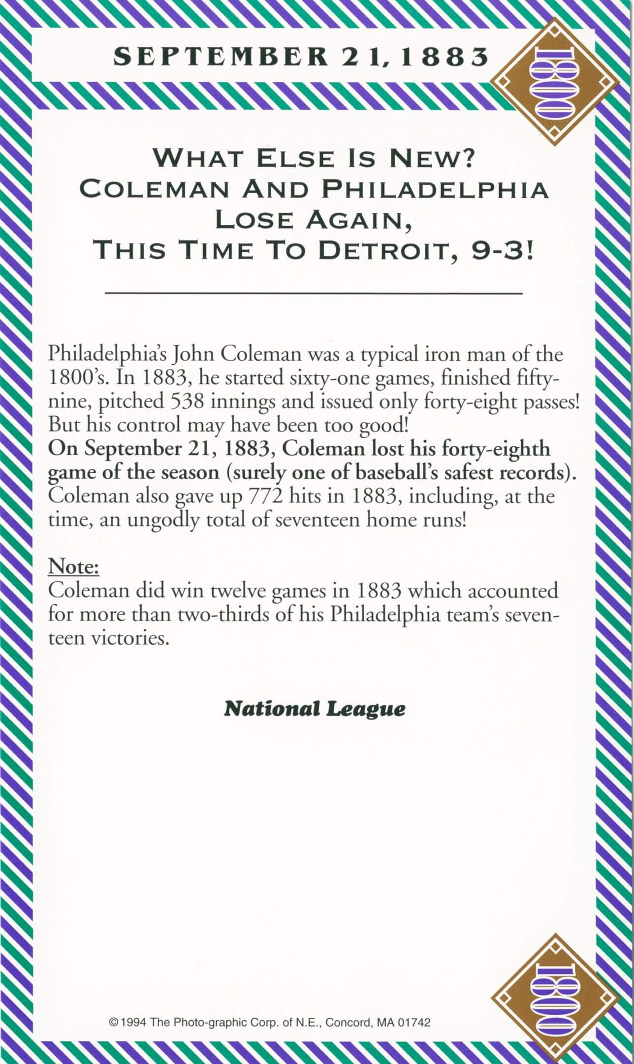 Baseball game summary from September 21, 1883.