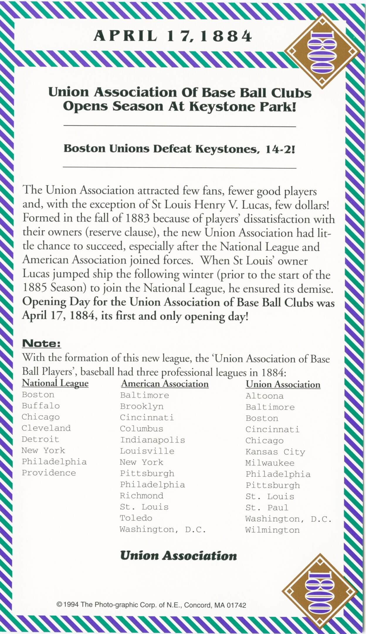 Baseball game announcement, April 17, 1884.