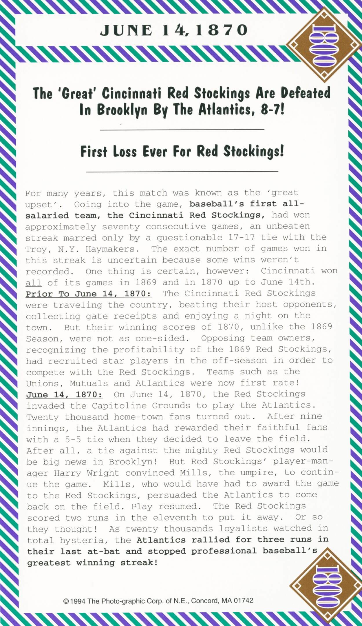 June 14, 1870, Cincinnati Red Stockings defeated.