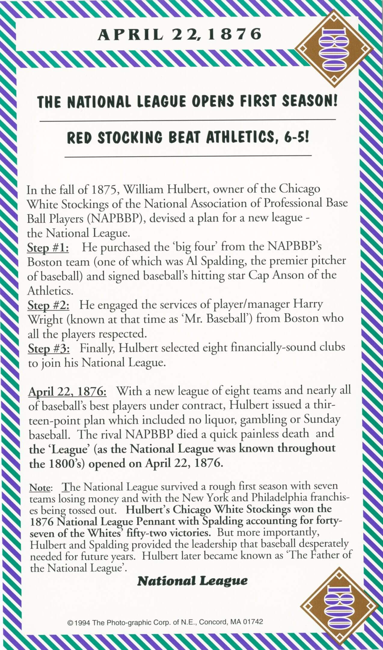 Baseball history text, April 22, 1876.