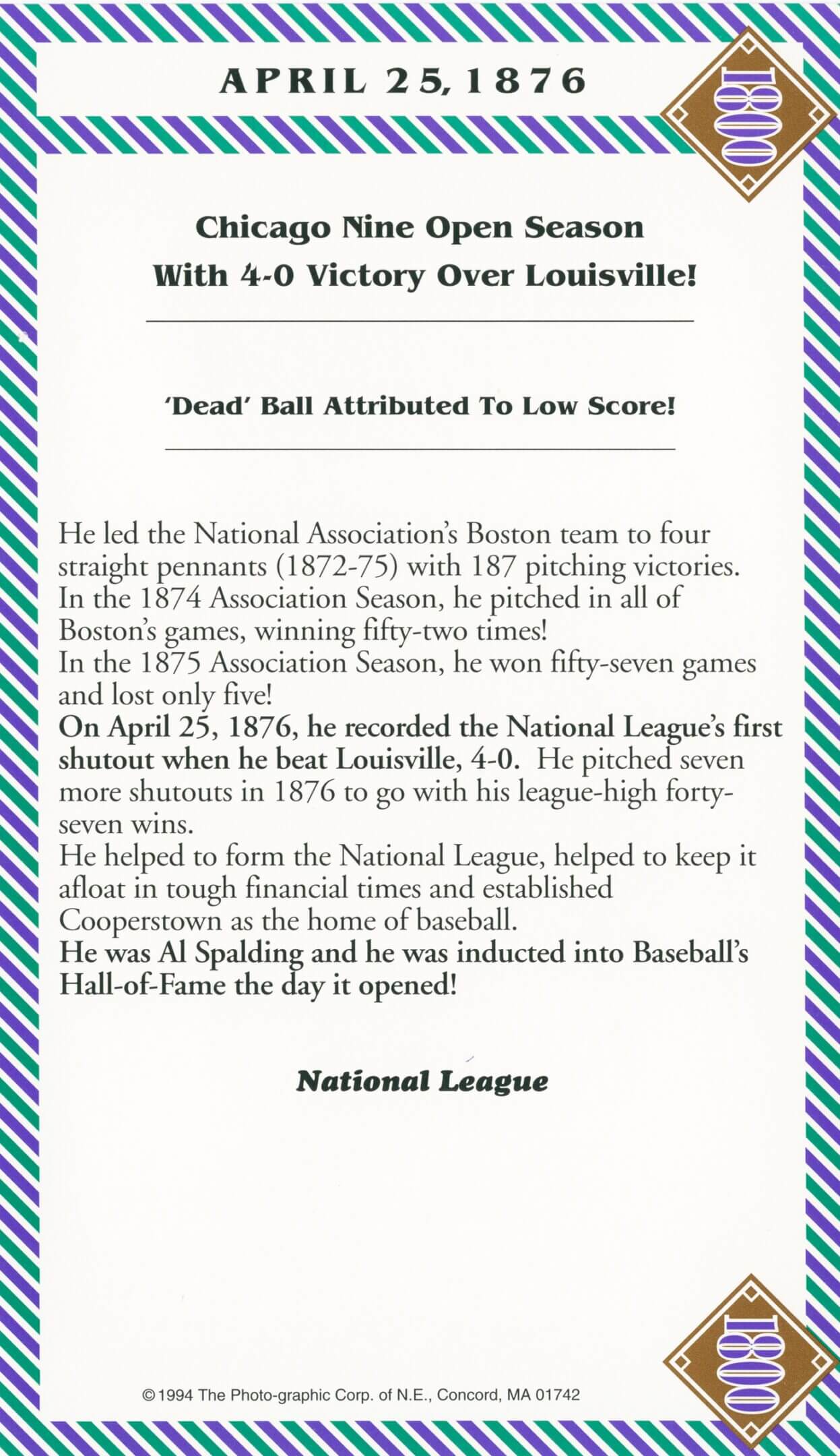 Baseball game summary from April 25, 1876.