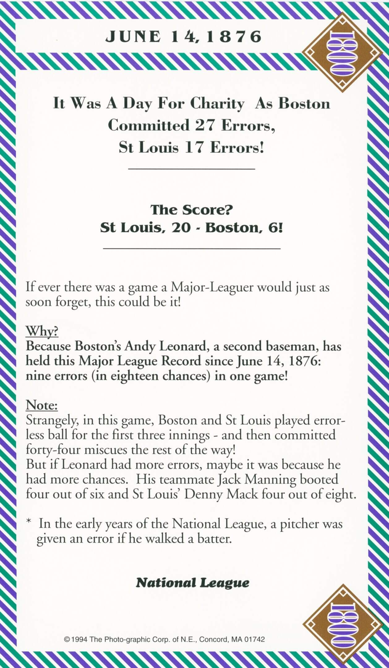 Historic baseball error record, June 14, 1876.