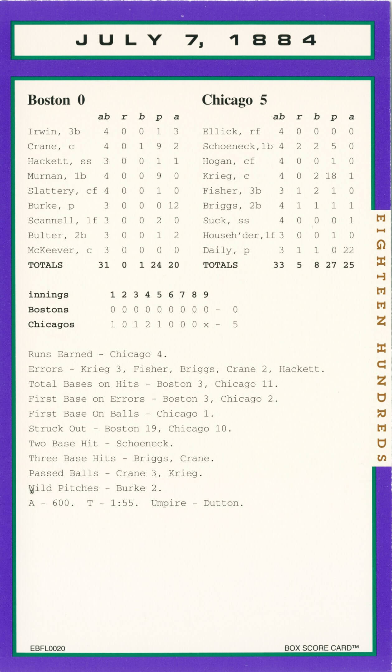 1884 baseball scorecard, Boston vs. Chicago.