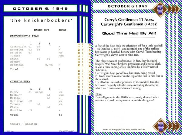 1845 baseball game scorecard with historical notes.
