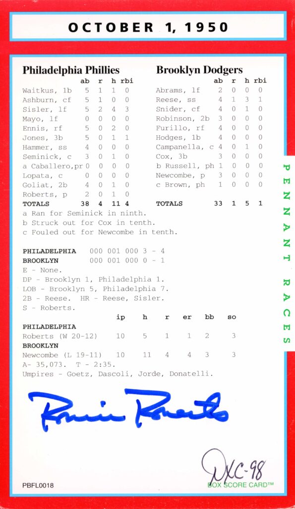 1950 baseball scorecard with signature.