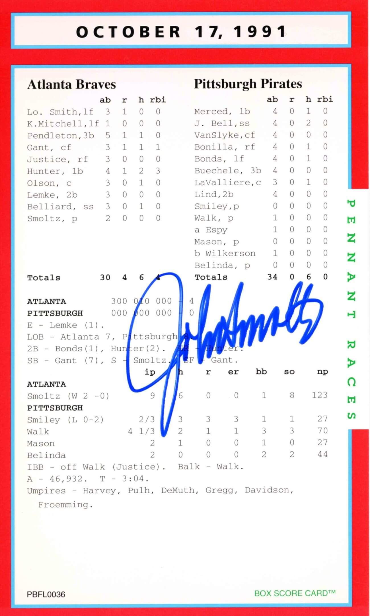Signed hockey game score sheet with player stats and totals.