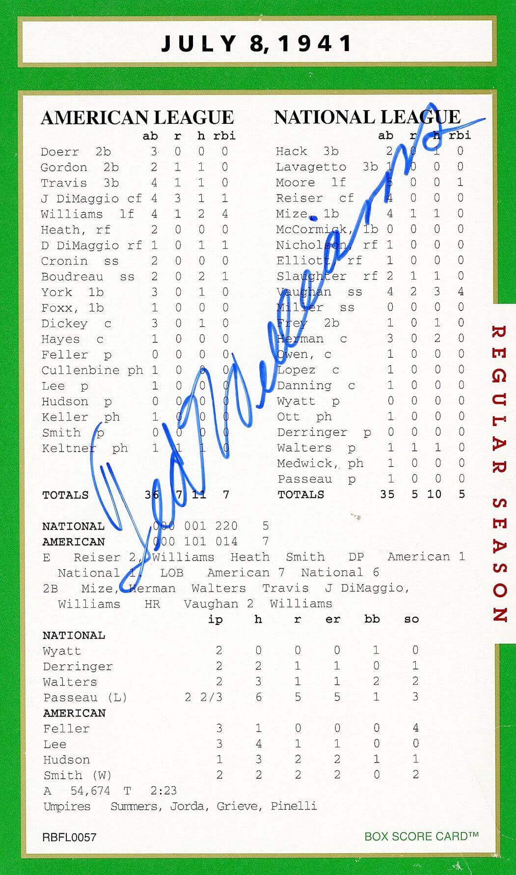 Baseball scorecard from July 8, 1941.