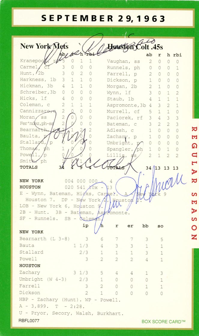 Baseball scorecard with signatures, September 1963.