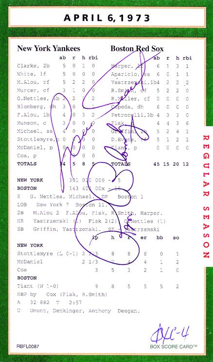 Signed baseball scorecard, April 6, 1973.