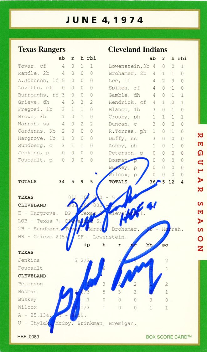 Baseball box score card, signed, June 4, 1974.