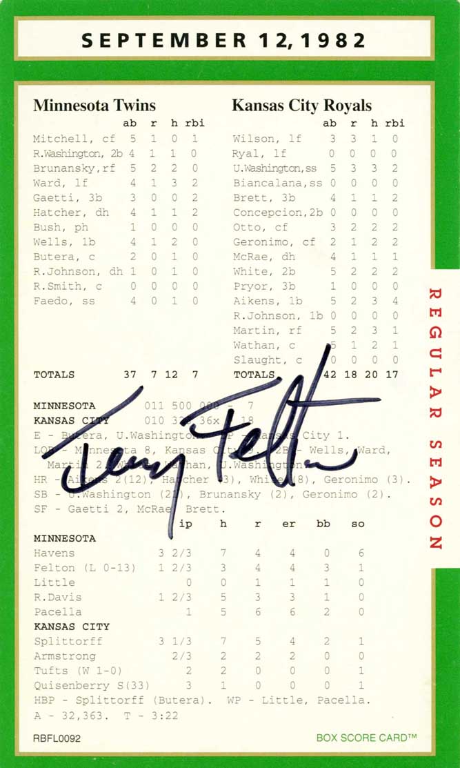Baseball scorecard, Minnesota Twins vs. Kansas City Royals.
