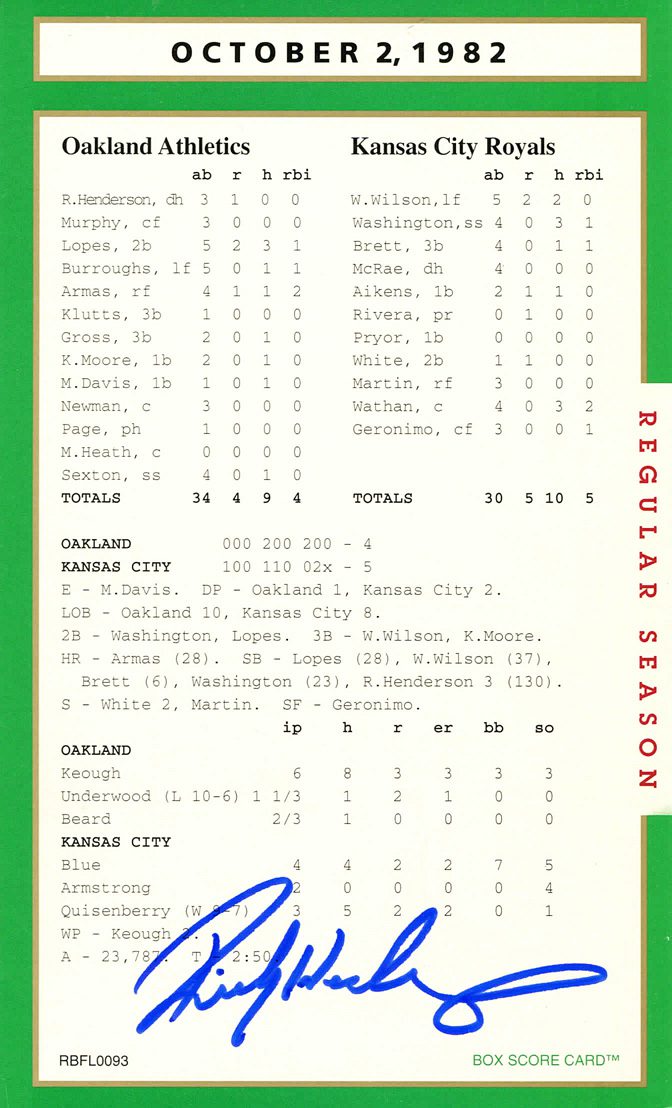 Baseball scorecard from October 2, 1982.