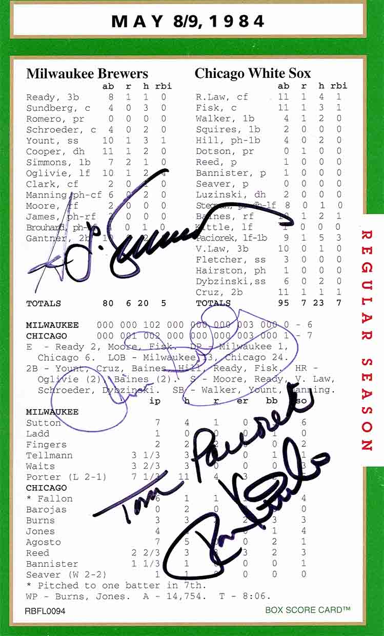 1984 baseball scorecard with autographs.