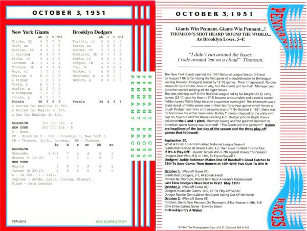 Baseball game scorecard, October 3, 1951.