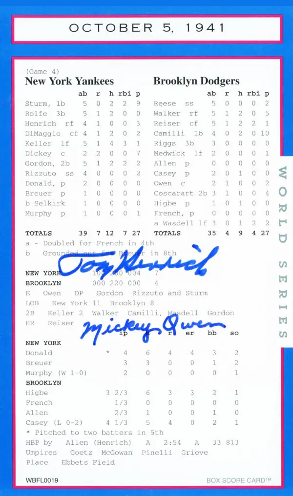 Vintage baseball scorecard with player signatures and game details.