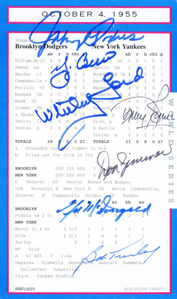 Signed 1955 baseball scorecard, Dodgers vs Yankees.