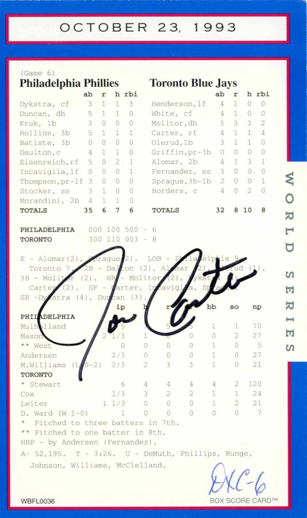 Signed World Series scorecard with player statistics.