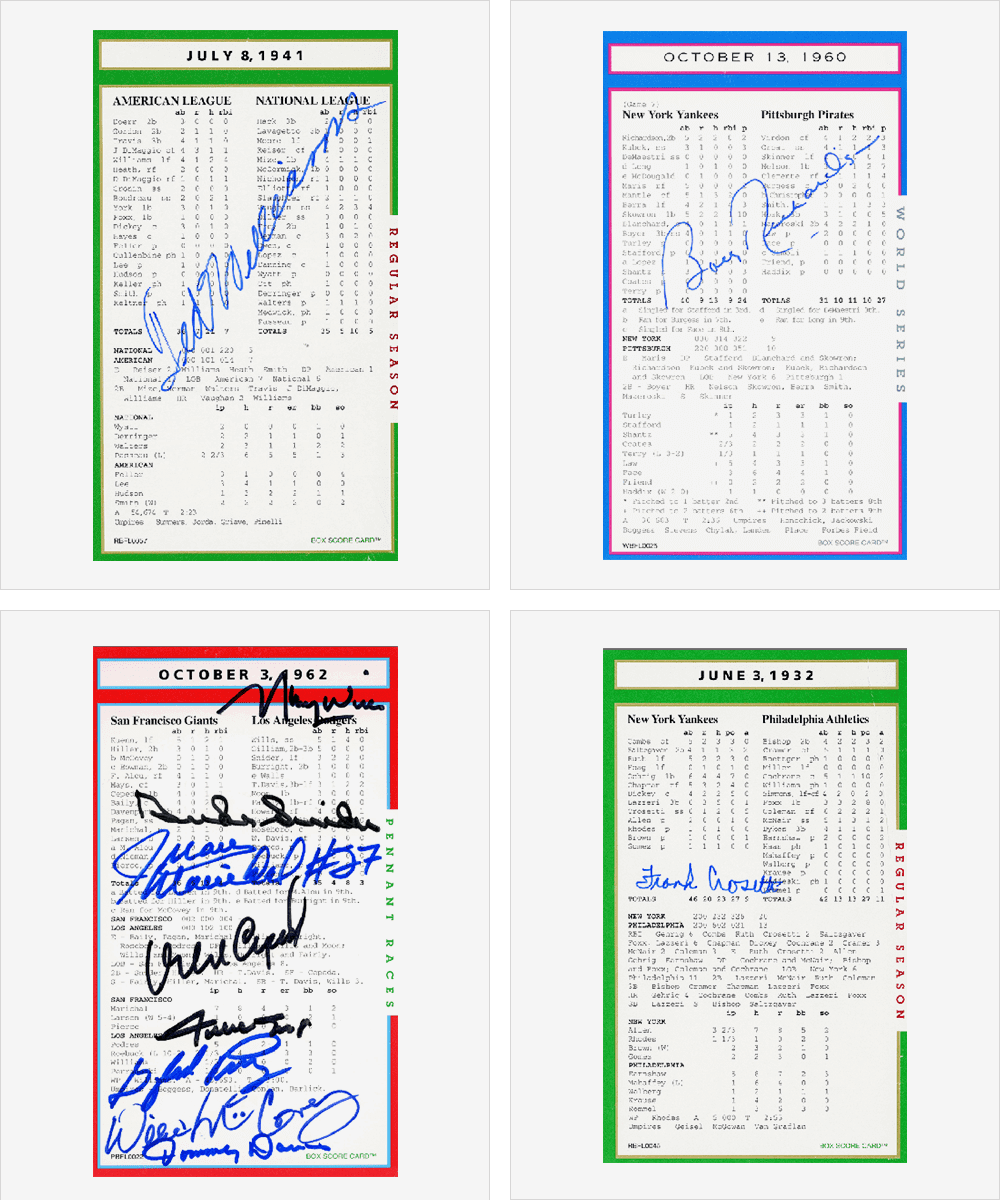 Four signed baseball scorecards showing game details and player signatures.