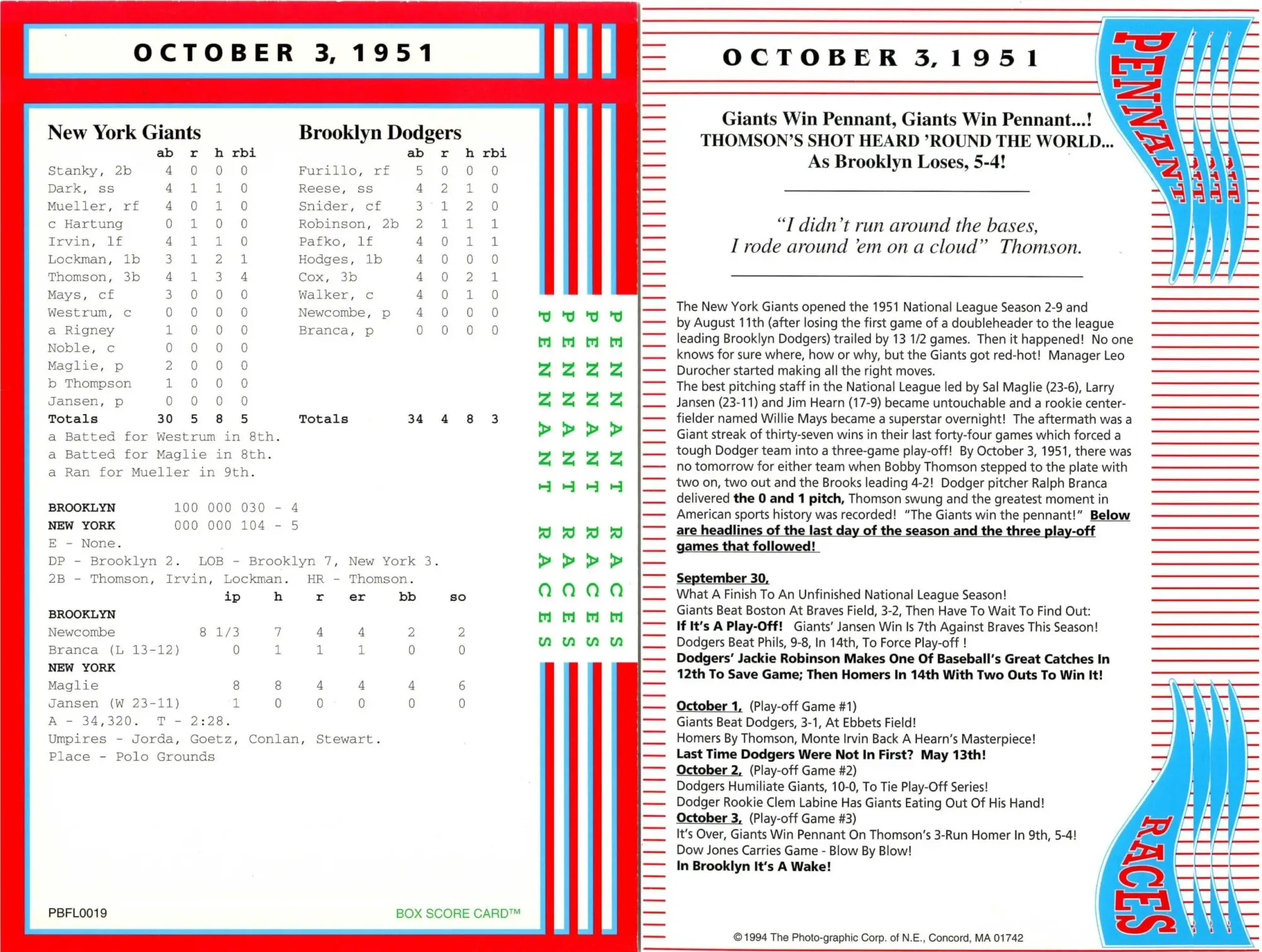 Baseball game box score, October 3, 1951.
